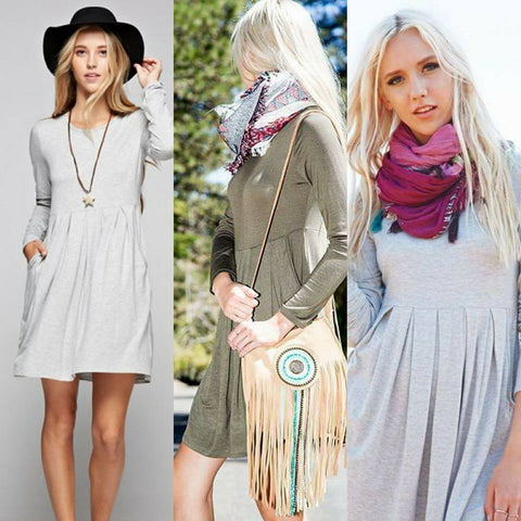 long sleeves solid dress with shirring detail and pockets