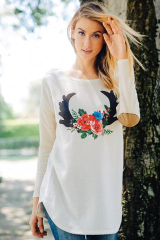 LONG SLEEVE PRINTED KNIT TOP WITH ELBOW PATCHES