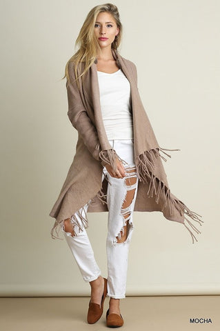 Long sleeve Open Front Knit Cardigan with Fringe Details