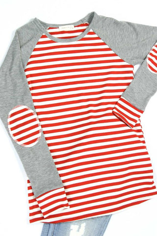Red and White Striped Top with Coordinating Elbow Patches