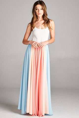 Wide Color block Chiffon maxi skirt with elastic waistband.
